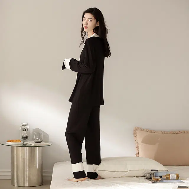 夏芬妍 简约高级感开衫家居服保暖蓄温可外穿长袖长裤睡衣套装 女款 黑色