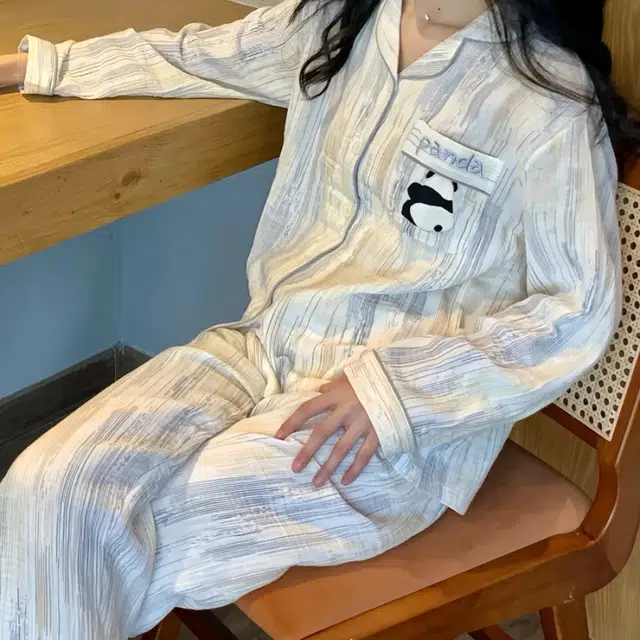 夏芬妍 柔软舒适条纹熊猫云朵棉开衫家居服亲肤休闲长袖长裤可外穿春秋款睡衣套装 女款 杏色
