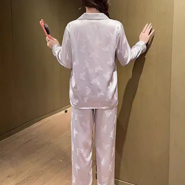夏芬妍 简约休闲高级感翻领家居服舒适亲肤长袖长裤可外穿睡衣套装 女款 紫色