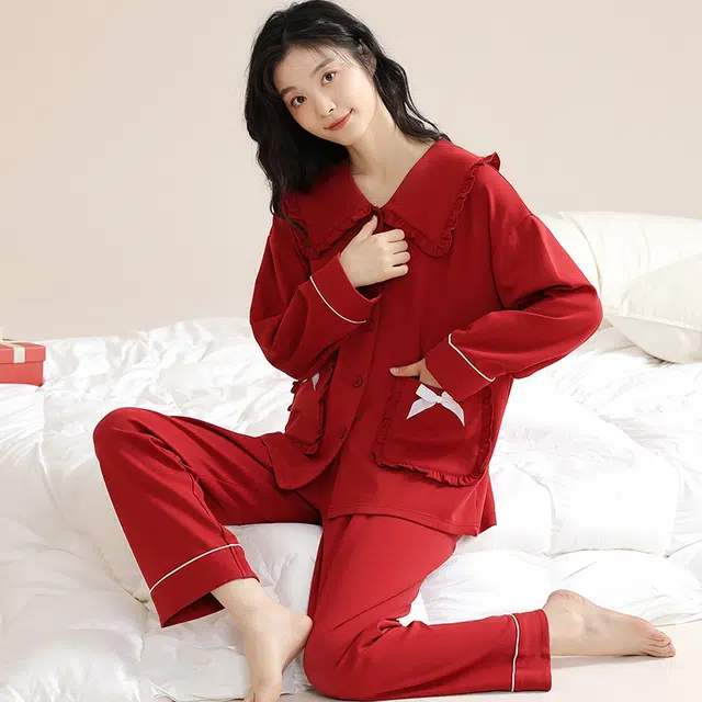 夏芬妍 亲肤舒适蝴蝶结贴袋花边拼接公主领纯棉家居服简约休闲长袖长裤可外穿喜庆本命年睡衣套装 女款 红色