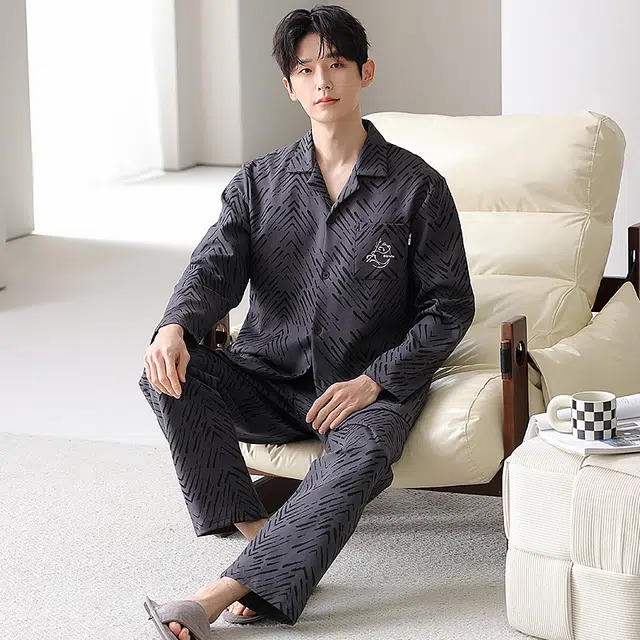 夏芬妍 时尚简约休闲纯棉翻领家居服亲肤舒适长袖长裤可外穿睡衣套装 男款 黑色