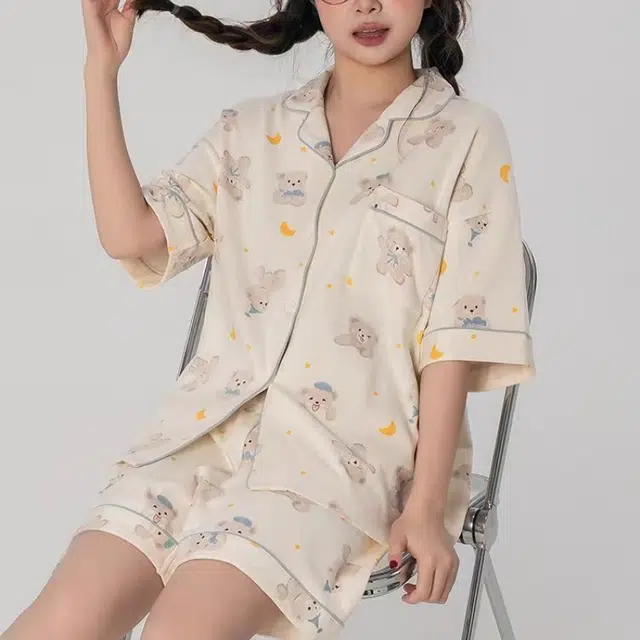 夏芬妍 甜美休闲舒适时尚月亮小熊纯棉翻领家居服亲肤宽松短袖短裤可外穿睡衣套装 女款 杏色