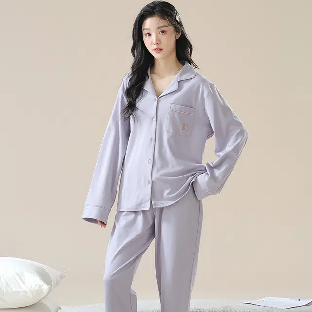 夏芬妍 时尚休闲舒适纯色贴袋翻领家居服亲肤宽松长袖长裤可外穿春秋款睡衣套装 女款 紫色