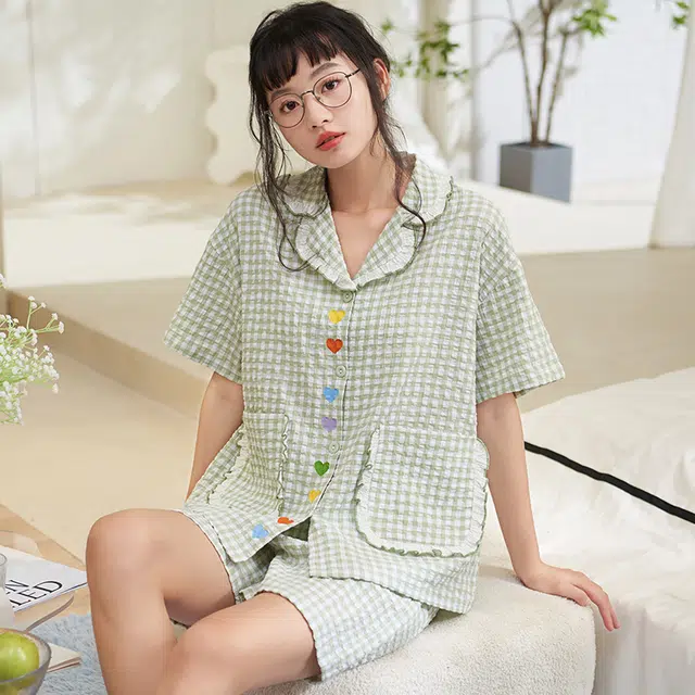 夏芬妍 甜美柔软舒适格子爱心云朵棉翻领家居服亲肤休闲短袖短裤可外穿睡衣套装 女款 绿色