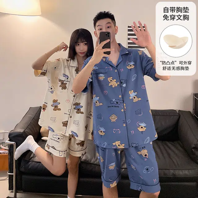 夏芬妍 柔软舒适休闲翻领开衫亲肤时尚可外穿家居服睡衣套装 男女同款