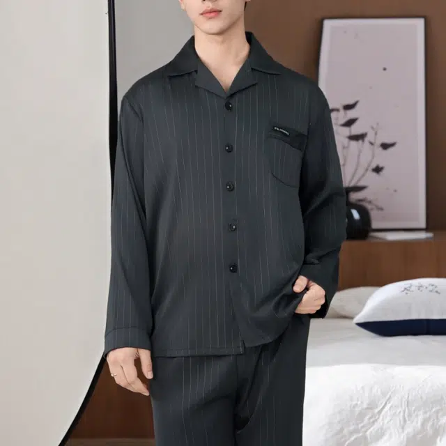 夏芬妍 时尚高级感条纹冰丝翻领家居服简约休闲舒适亲肤宽松长袖长裤可外穿睡衣套装 男款 黑色