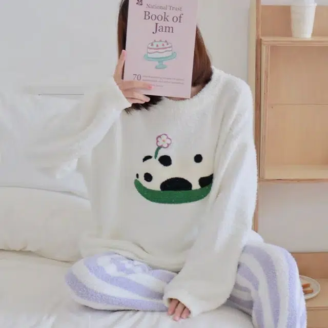 夏芬妍 简约甜美风可爱熊猫半边绒圆领家居服加厚亲肤休闲舒适长袖长裤可外穿秋冬款睡衣套装 女款 白色