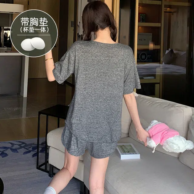 夏芬妍 柔软舒适慵懒风纯色圆领家居服亲肤休闲带胸垫短袖短裤时尚可外穿睡衣套装 女款 深灰色