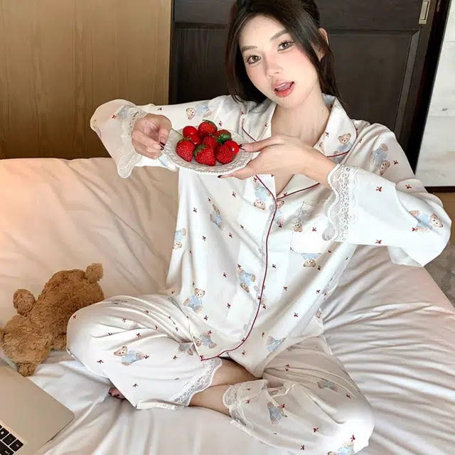 夏芬妍 甜美休闲舒适小熊蕾丝花边长袖长裤可外穿睡衣套装 女款 杏色