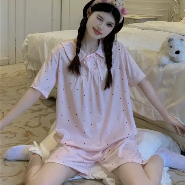 夏芬妍 甜美波点舒适亲肤凉感短袖三分裤休闲可外穿家居服睡衣套装 女款