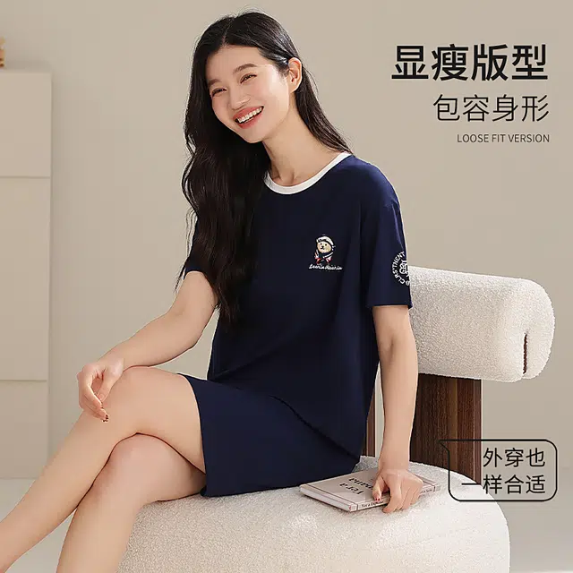 夏芬妍 时尚柔软亲肤海军小熊圆领家居服简约休闲舒适短袖睡衣可外穿睡裙 女款 深蓝色