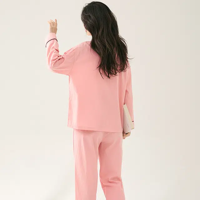 夏芬妍 简约舒适亲肤复古刺绣纯棉家居服休闲宽松长袖长裤可外穿春秋款睡衣套装 女款 粉色