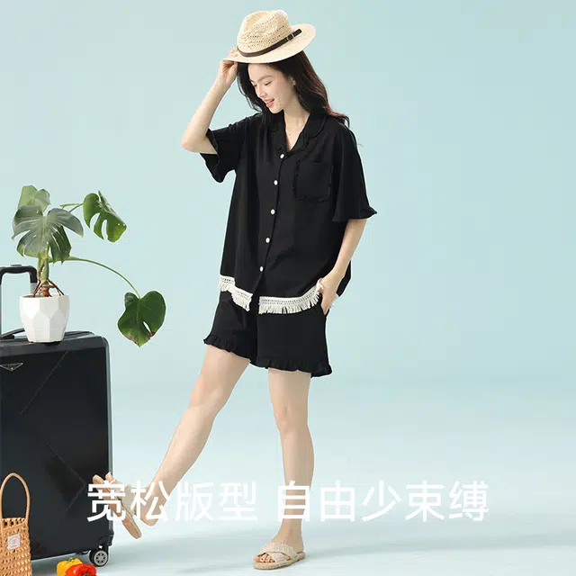 夏芬妍 柔软舒适透气亲肤纯色流苏木耳边翻领家居服休闲宽松凉感短袖时尚可外穿睡衣套装 女款 黑色