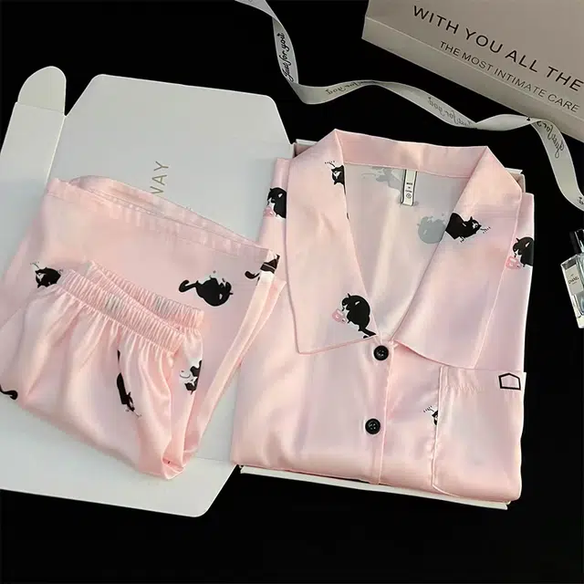 夏芬妍 甜美可爱卡通小黑猫冰丝翻领短袖短裤家居服柔软舒适休闲可外穿夏季睡衣套装 女款
