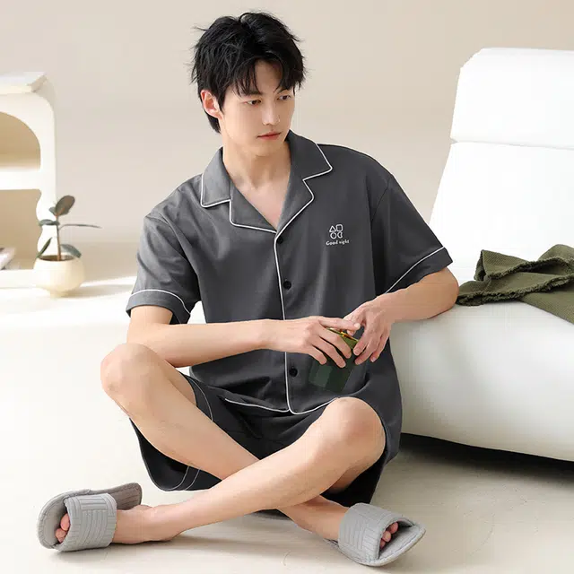 夏芬妍 简约舒适柔软高级感纯色纯棉翻领开衫家居服亲肤休闲短袖短裤时尚可外穿睡衣套装 男款 深灰色
