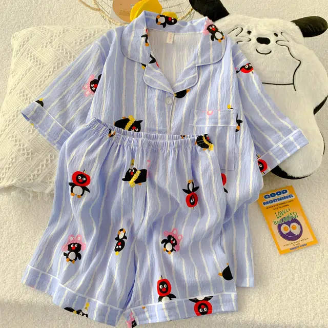 夏芬妍 柔软舒适趣味企鹅云朵棉翻领开衫家居服亲肤休闲短袖短裤可外穿睡衣套装 女款 蓝色