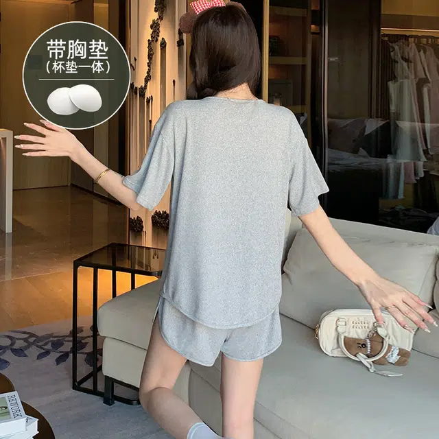 夏芬妍 柔软舒适慵懒风纯色圆领家居服亲肤休闲带胸垫短袖短裤时尚可外穿睡衣套装 女款 浅灰色