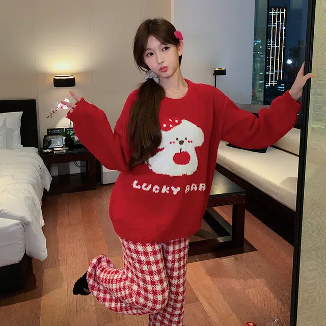 夏芬妍 简约甜美柔软亲肤苹果小狗英文格子裤半边绒家居服加绒加厚蓄温保暖长袖长裤可外穿秋冬款睡衣套装 女款 红色