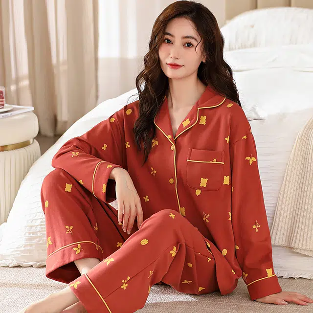 夏芬妍 亲肤舒适兔子叶片翻领纯棉家居服简约休闲宽松长袖长裤可外穿睡衣套装 女款 橘红色