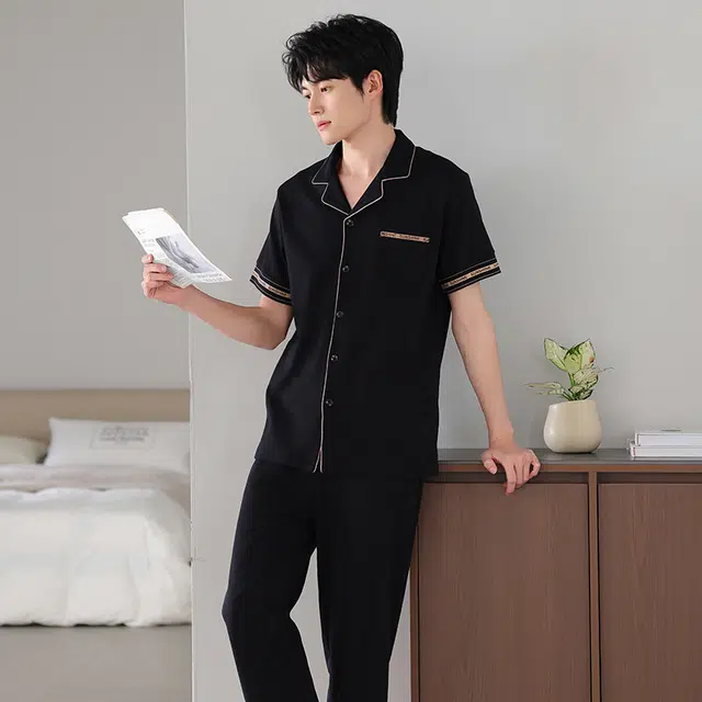 夏芬妍 简约时尚大方柔软舒适纯色字母边翻领家居服亲肤休闲短袖长裤可外穿睡衣套装 男款