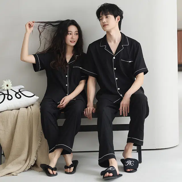 夏芬妍 时尚柔软舒适纯色云朵棉翻领开衫家居服休闲亲肤时尚可外穿短袖长裤睡衣套装 男女同款 黑色