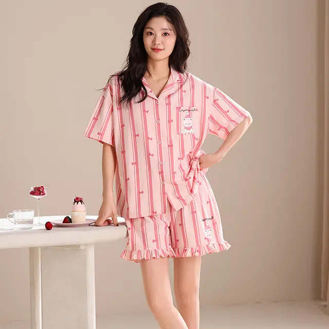 夏芬妍 甜美可爱条纹蝴蝶结小熊舒适亲肤宽松短袖短裤时尚翻领可外穿家居服睡衣套装 女款 粉色