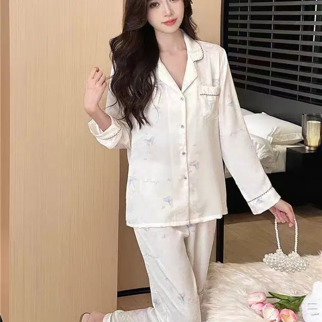 夏芬妍 简约休闲高级感翻领家居服舒适亲肤长袖长裤可外穿睡衣套装 女款 白色