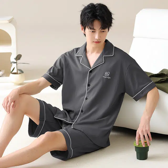 夏芬妍 简约舒适柔软高级感纯色纯棉翻领开衫家居服亲肤休闲短袖短裤时尚可外穿睡衣套装 男款 深灰色
