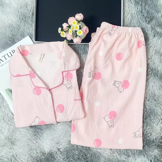 夏芬妍 简约卡通满印波点小兔翻领云朵棉短袖长裤家居服可爱舒适休闲可外穿睡衣套装 女款 粉色