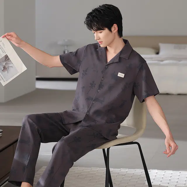 夏芬妍 简约时尚大方柔软舒适兔子花朵翻领家居服亲肤休闲短袖长裤可外穿睡衣套装 男款 棕色