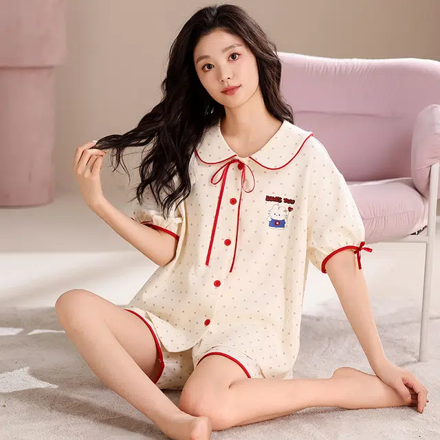 夏芬妍 甜美可爱波点爱心小兔舒适亲肤宽松短袖短裤时尚翻领可外穿家居服睡衣套装 女款 杏色