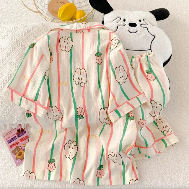 夏芬妍 柔软舒适条纹花朵萌兔云朵棉翻领开衫家居服亲肤休闲短袖短裤可外穿睡衣套装 女款 杏色