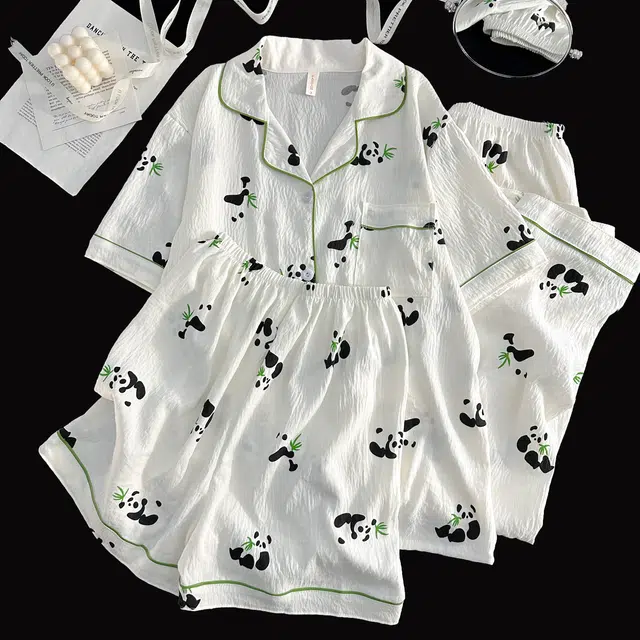 夏芬妍 柔软舒适卡通竹叶熊猫云朵棉翻领开衫家居服亲肤休闲短袖三件套时尚可外穿睡衣套装 女款 杏色