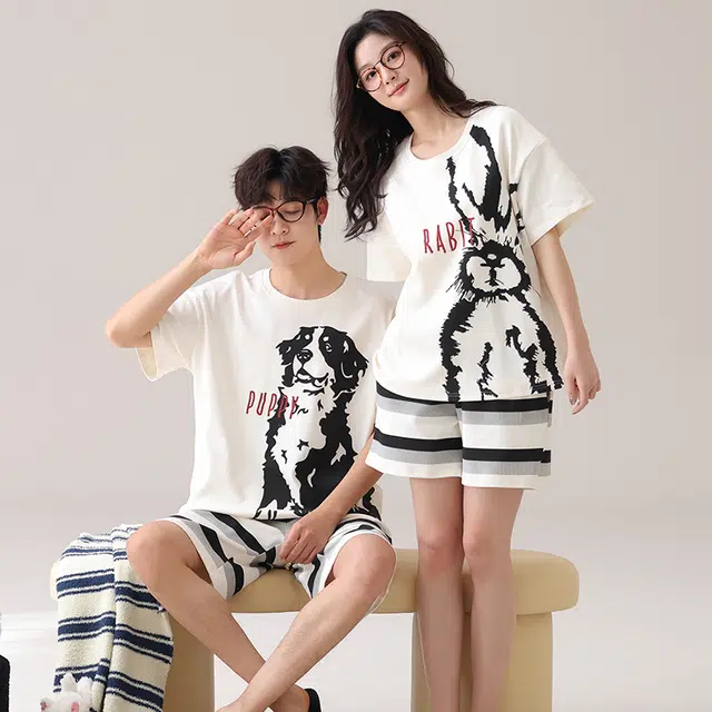 夏芬妍 柔软舒适条纹萌宠翻领家居服休闲短袖短裤时尚可外穿睡衣套装 男女同款