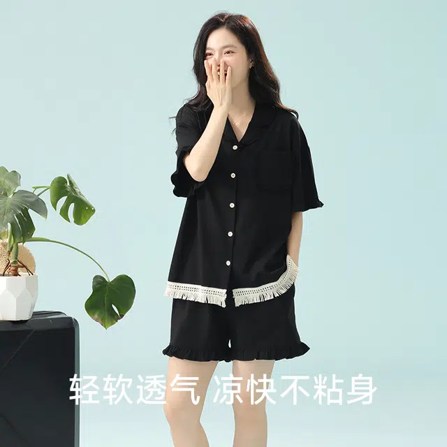 夏芬妍 柔软舒适透气亲肤纯色流苏木耳边翻领家居服休闲宽松凉感短袖时尚可外穿睡衣套装 女款 黑色