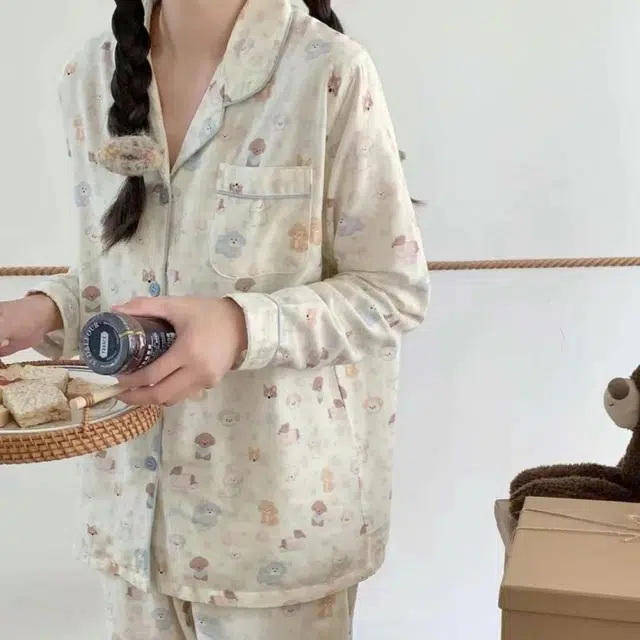 夏芬妍 柔软舒适萌狗乐园云朵棉开衫家居服亲肤休闲长袖长裤可外穿春秋款睡衣套装 女款 杏色