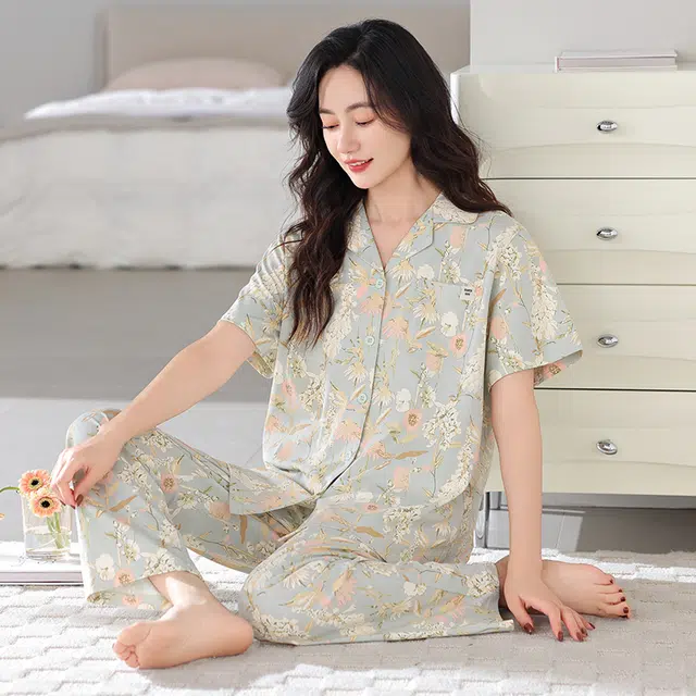 夏芬妍 简约柔软舒适花卉满印翻领短袖上衣家居服亲肤休闲可外穿长裤睡衣套装 女款 灰绿色