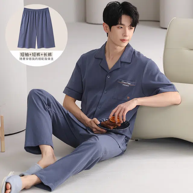 夏芬妍 简约舒适纯色纯棉翻领家居服亲肤宽松休闲短袖短裤长裤三件套时尚可外穿睡衣套装 男款 黛蓝色