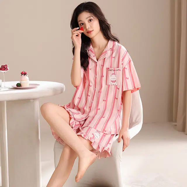 夏芬妍 甜美可爱条纹蝴蝶结小熊舒适亲肤宽松短袖短裤时尚翻领可外穿家居服睡衣套装 女款 粉色