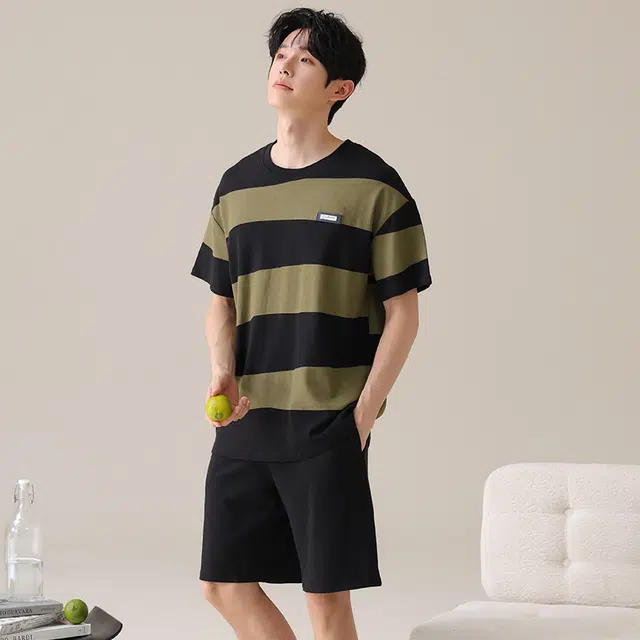 夏芬妍 亲肤舒适撞色条纹纯棉圆领家居服柔软休闲短袖短裤时尚可外穿睡衣套装 男款 黑色