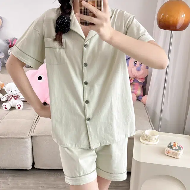 夏芬妍 简约休闲舒适时尚纯色纯棉翻领家居服亲肤宽松短袖短裤可外穿睡衣套装 女款