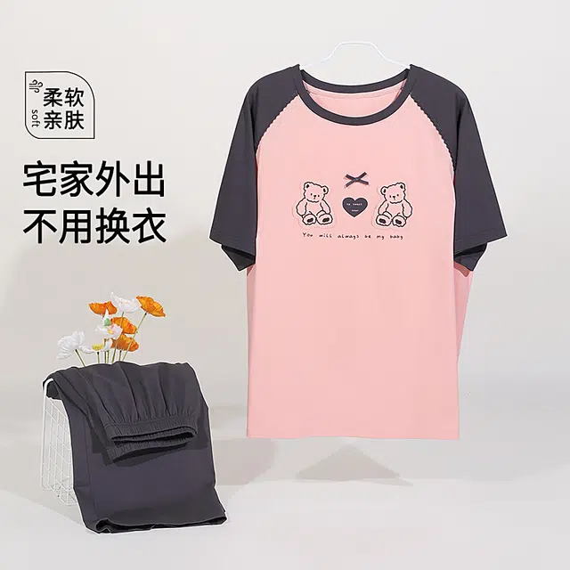 夏芬妍 时尚柔软亲肤圆领家居服简约休闲舒适短袖七分裤可外穿睡衣套装 女款 深灰色
