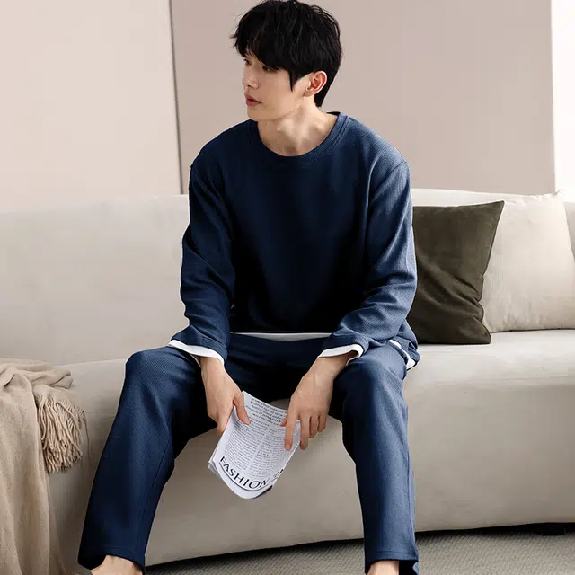 夏芬妍 时尚简约亲肤拼接色纯棉华夫格圆领套头家居服舒适休闲长袖长裤可外穿春秋款睡衣套装 男款 蓝色