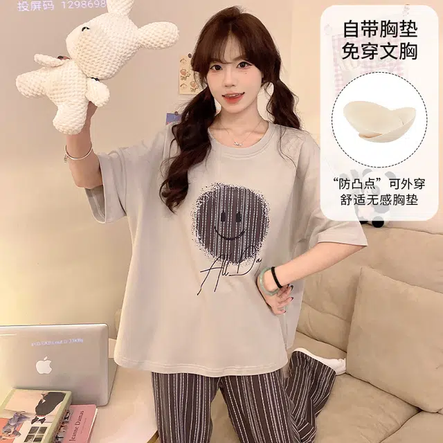 夏芬妍 柔软舒适休闲圆领条纹笑脸带胸垫短袖长裤时尚可外穿家居服睡衣套装 女款 灰色