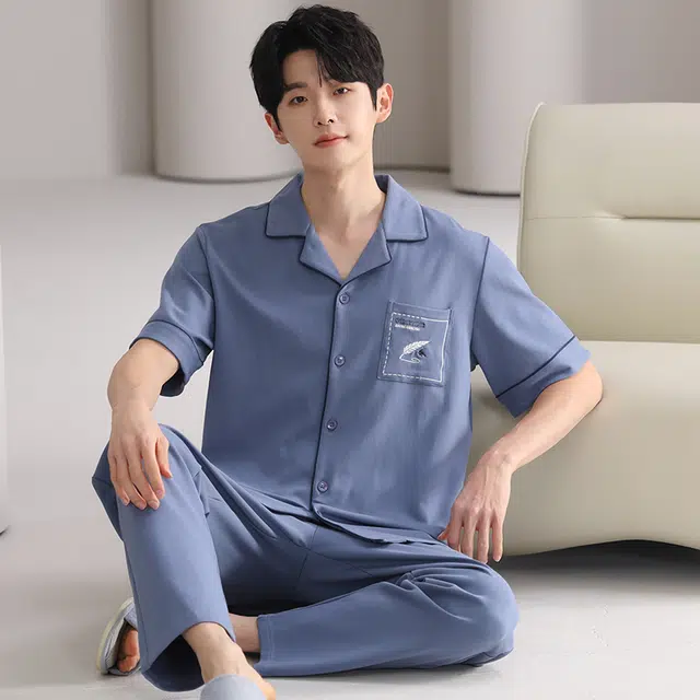 夏芬妍 简约舒适纯色纯棉翻领家居服亲肤宽松休闲短袖短裤长裤三件套时尚可外穿睡衣套装 男款 宝蓝色