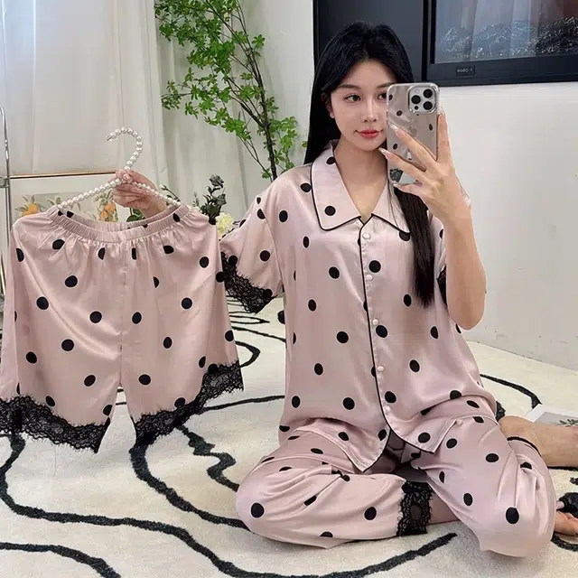 夏芬妍 甜美休闲高级感波点蕾丝冰丝翻领家居服舒适亲肤宽松短袖三件套可外穿睡衣套装 女款 粉色