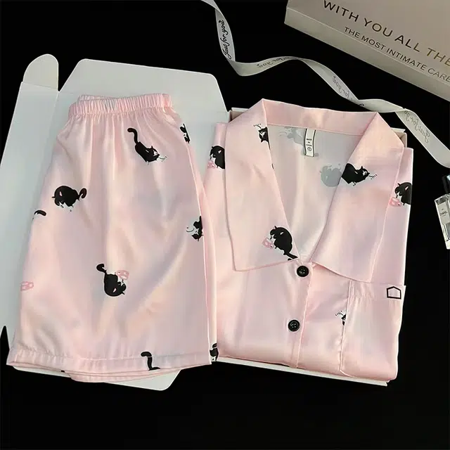 夏芬妍 甜美可爱卡通小黑猫冰丝翻领短袖短裤家居服柔软舒适休闲可外穿夏季睡衣套装 女款