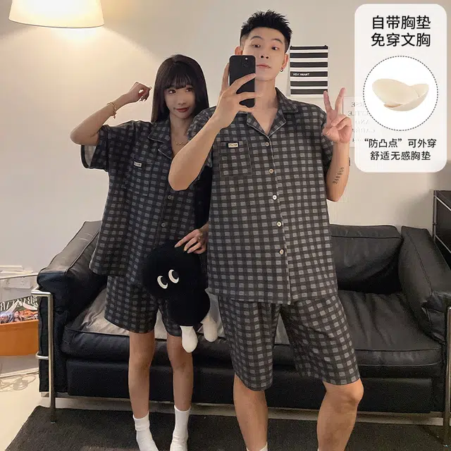 夏芬妍 柔软舒适休闲格子翻领开衫短袖亲肤时尚可外穿家居服睡衣套装 男女同款 灰棕色
