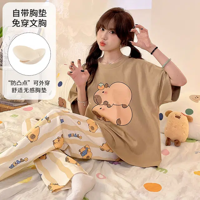 夏芬妍 柔软舒适休闲圆领条纹趴趴狗带胸垫短袖长裤时尚可外穿家居服 睡衣套装 女款 浅棕色