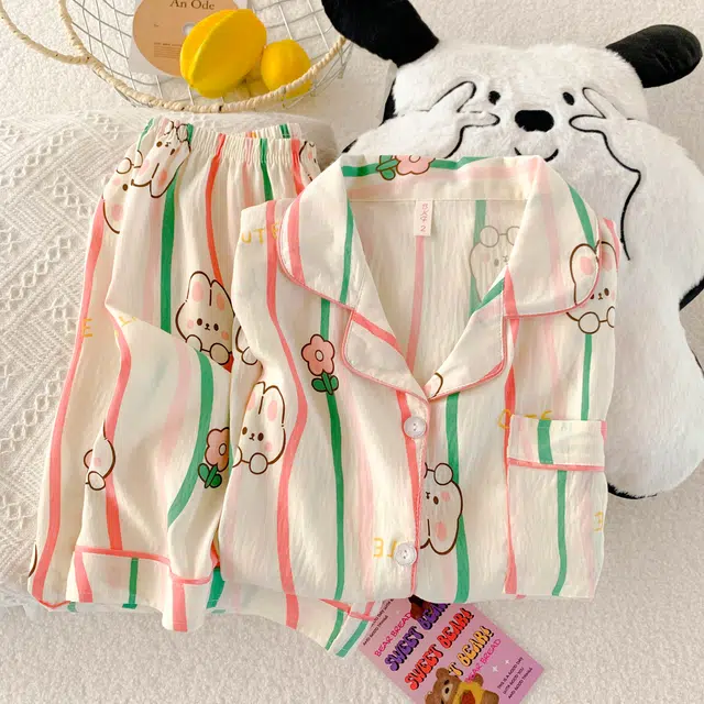 夏芬妍 柔软舒适条纹花朵萌兔云朵棉翻领开衫家居服亲肤休闲短袖短裤可外穿睡衣套装 女款 杏色